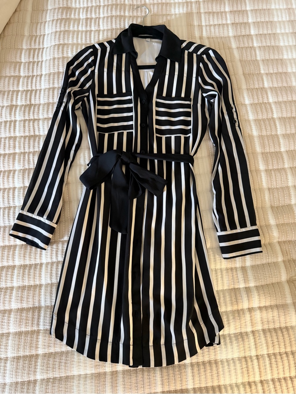 Express Black and White Vertical Stripe Long Sleeve Shirt Dress
